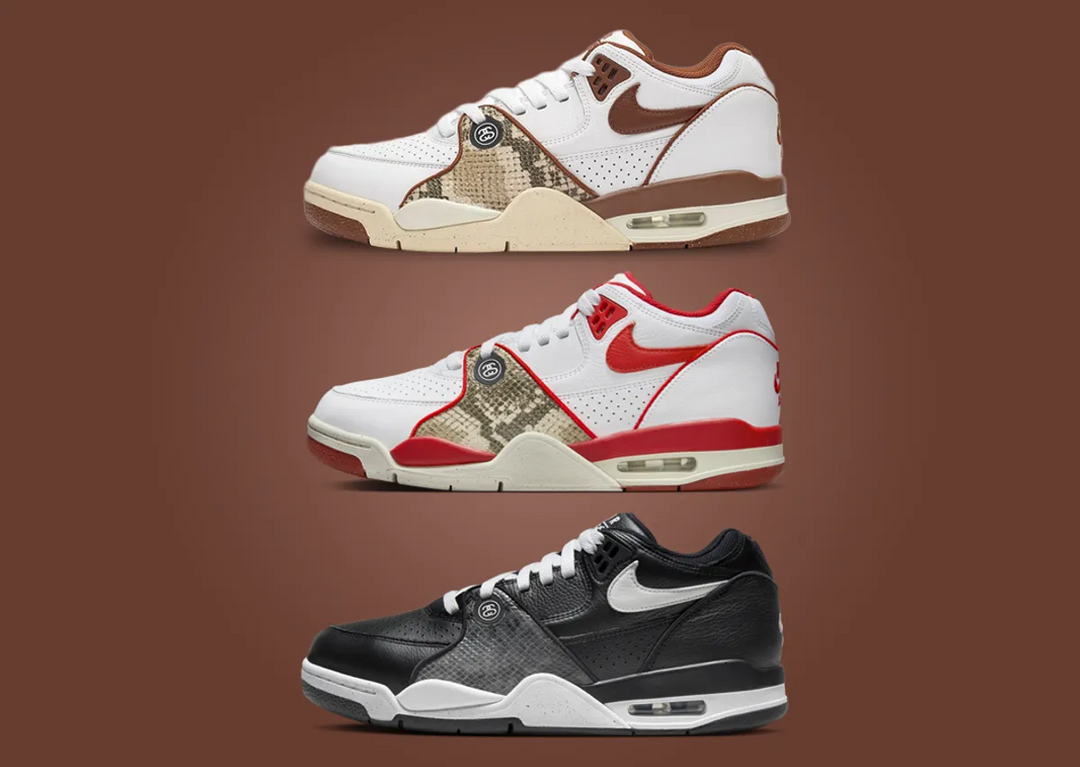 Official visuals for the three color variations of the Stüssy x Nike Air Flight 89.