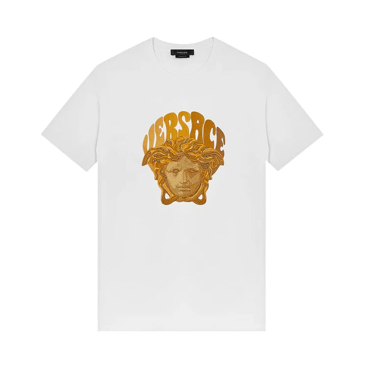 Versace T-Shirt Tessuto Jersey Cotone Con Ricamo Medusa E Scritta