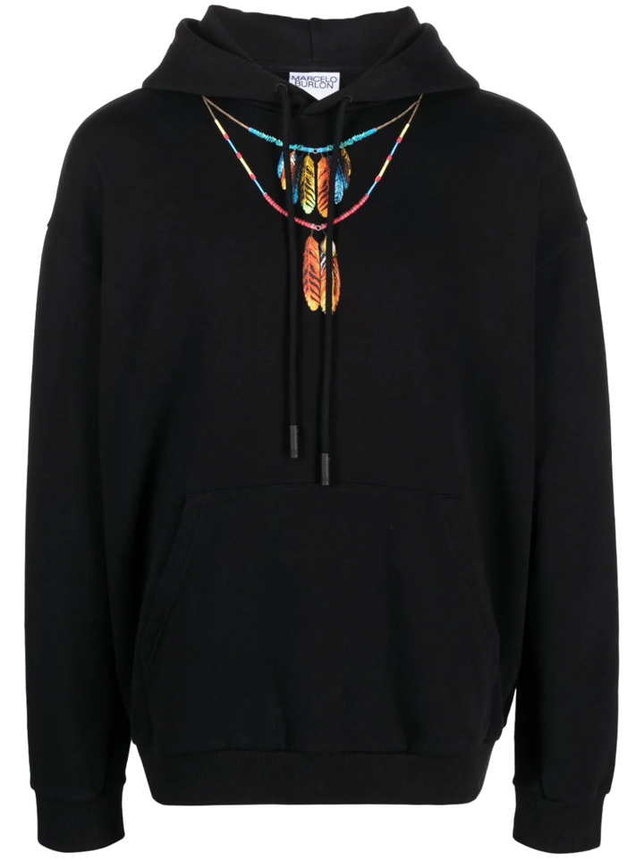 Marcelo Burlon Feathers Necklace Over Hoodie Black Red | Hype Vault Kuala Lumpur