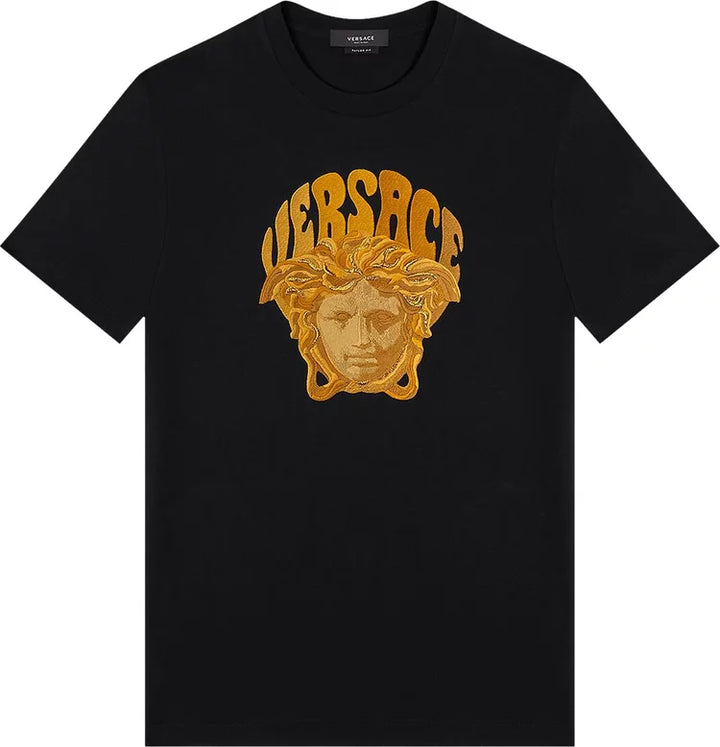 Versace T-Shirt Tessuto Jersey Cotone Con Ricamo Medusa E Scritta