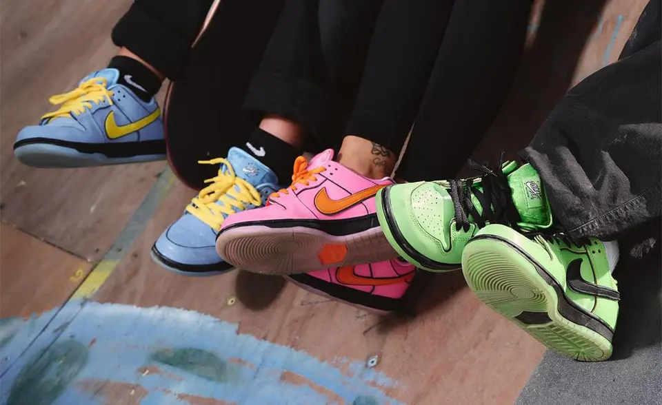 Official pictures of the complete set of Nike SB Dunk Lows inspired by 'The Powerpuff Girls.'