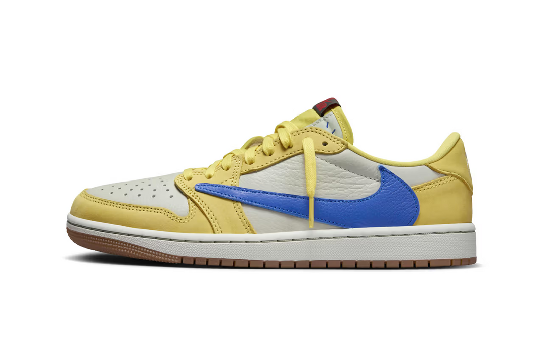 Photos released by the brand showcasing the Travis Scott x Air Jordan 1 Low OG "Canary."