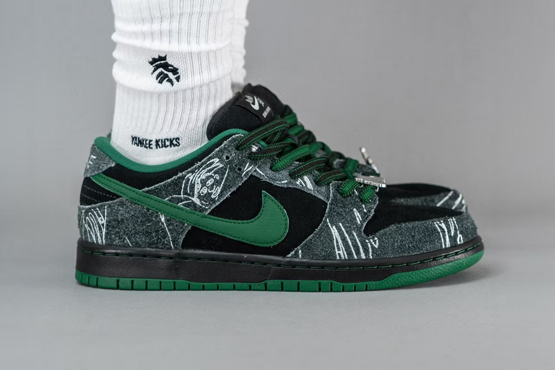 A preview of the There Skateboards collaboration with Nike SB Dunk Low being worn.