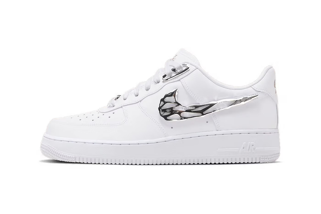 Silver details adorn the Nike Air Force 1 Low "Molten Metal" model.