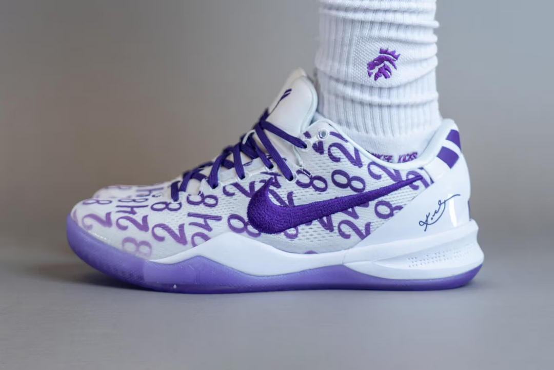 A visual preview of the Nike Kobe 8 Protro "Court Purple" being worn.