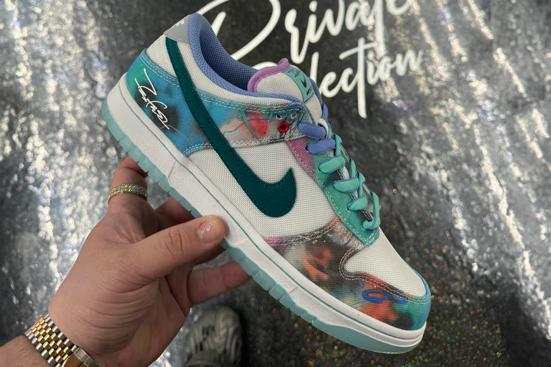 Examine the Futura x Nike SB Dunk Low in more detail.