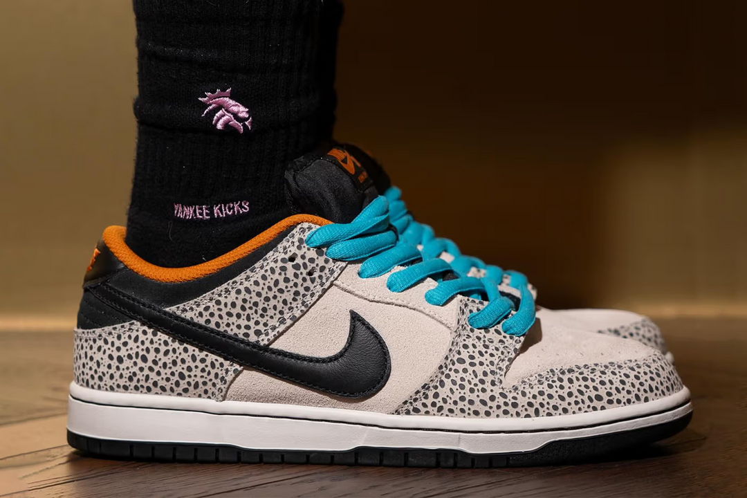 Images showing the Nike SB Dunk Low Safari "Olympics" being worn.