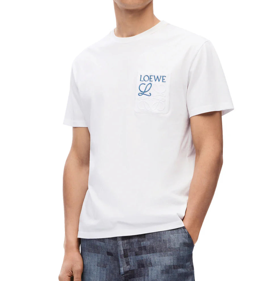 White Loewe Anagram Pocket T-Shirt available at Hype Vault, featuring an embroidered Loewe logo and signature anagram on the chest pocket, crafted from premium cotton for a relaxed fit and luxurious minimalist style.