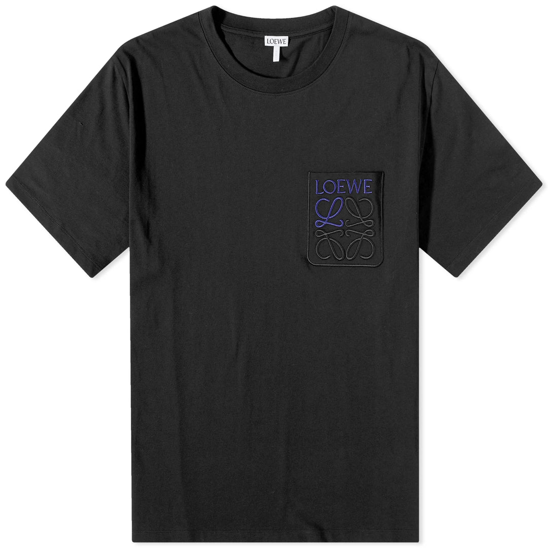 Black Loewe Anagram Pocket T-Shirt available at Hype Vault, featuring an embroidered Loewe logo and signature anagram on the chest pocket, crafted from premium cotton for a relaxed fit and luxurious minimalist style.