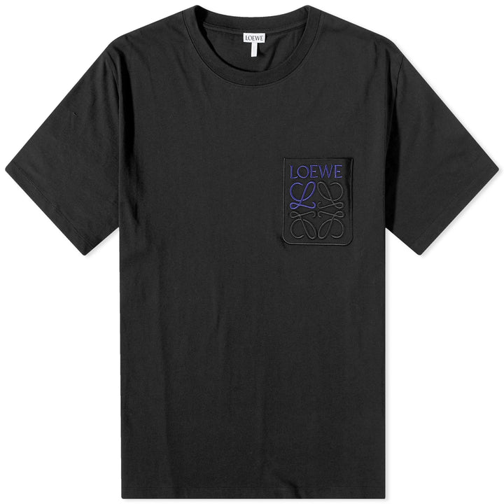 Black Loewe Anagram Pocket T-Shirt available at Hype Vault, featuring an embroidered Loewe logo and signature anagram on the chest pocket, crafted from premium cotton for a relaxed fit and luxurious minimalist style.