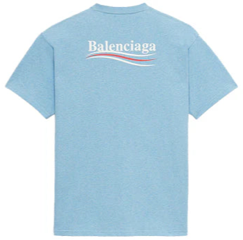 Balenciaga campaign t-shirt available at Hype Vault – short-sleeve design with bold chest and back prints, featuring a playful, politically inspired twist on the iconic logo.