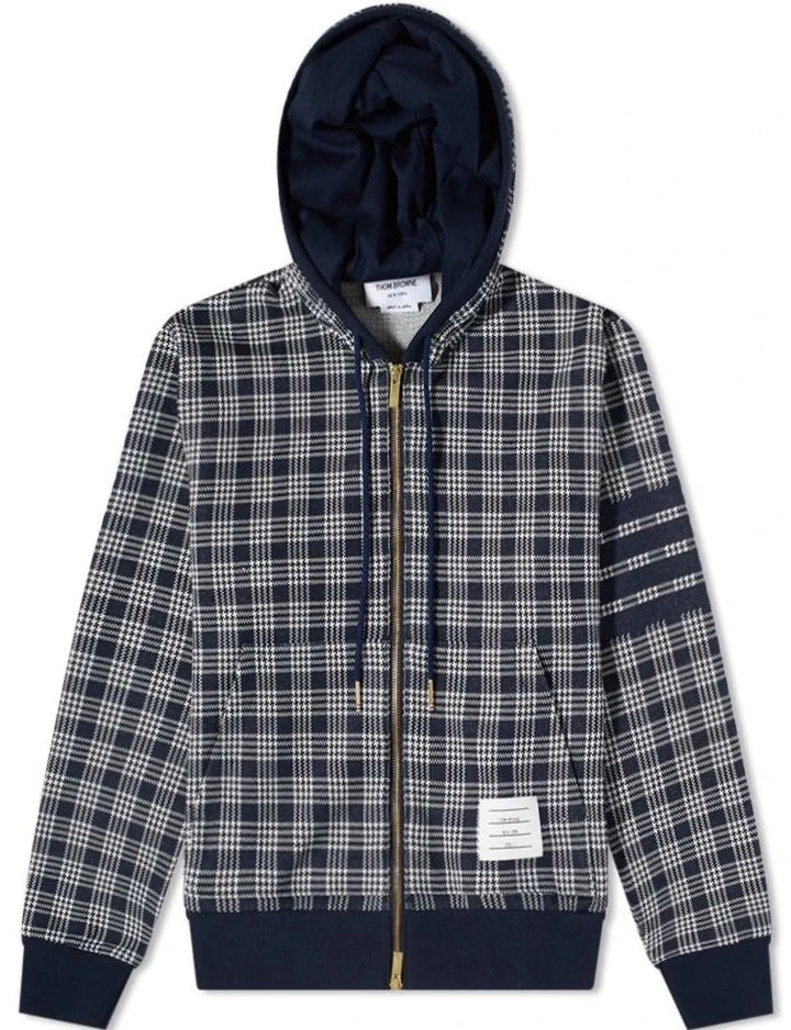 Thom Browne Navy Micro Check Jacquard 4-Bar Zip Up Hoodie | Hype Vault Kuala Lumpur