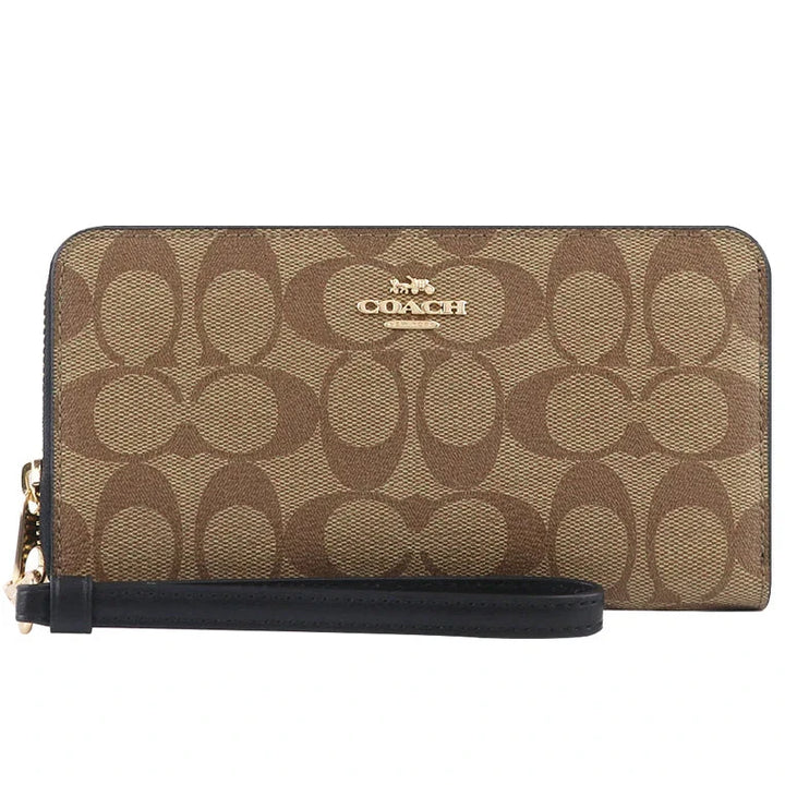 Coach Long Zip Around Wallet In Signature Canvas Khaki/Black | Hype Vault