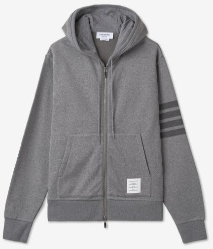 Thom Browne Medium Grey Cotton Loopback Relaxed Fit Tonal 4-Bar Zip-Up Hoodie | Hype Vault Kuala Lumpur