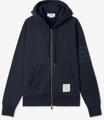 Thom Browne Navy Cotton Loopback Relaxed Fit Tonal 4-Bar Zip-Up Hoodie | Hype Vault Kuala Lumpur