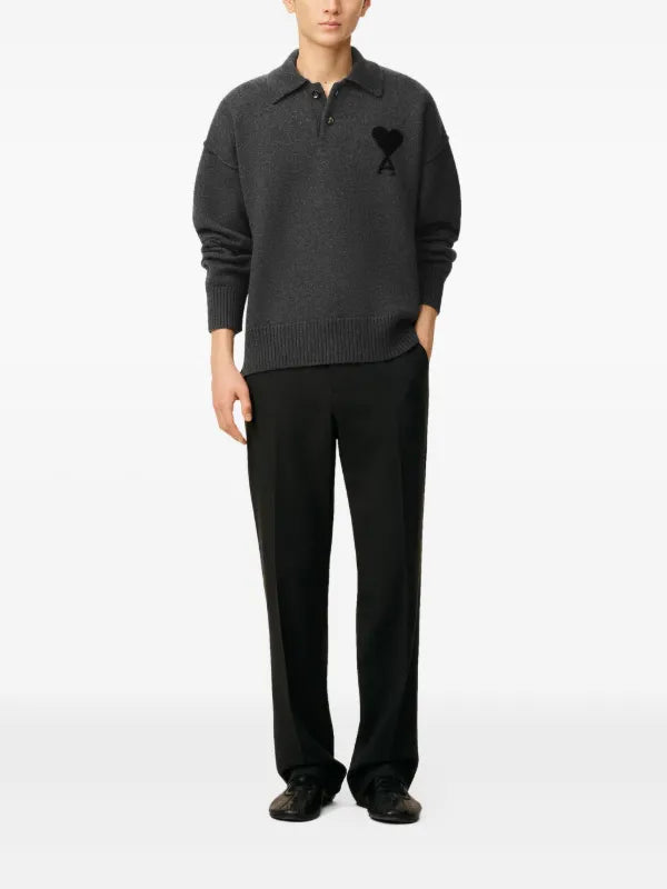 Ami Paris Ami De Coeur Wool Polo Shirt Grey