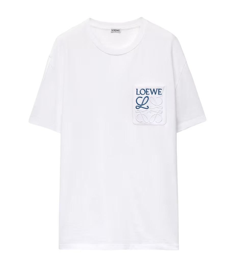 White Loewe Anagram Pocket T-Shirt available at Hype Vault, featuring an embroidered Loewe logo and signature anagram on the chest pocket, crafted from premium cotton for a relaxed fit and luxurious minimalist style.