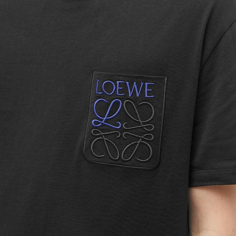 Black Loewe Anagram Pocket T-Shirt available at Hype Vault, featuring an embroidered Loewe logo and signature anagram on the chest pocket, crafted from premium cotton for a relaxed fit and luxurious minimalist style.