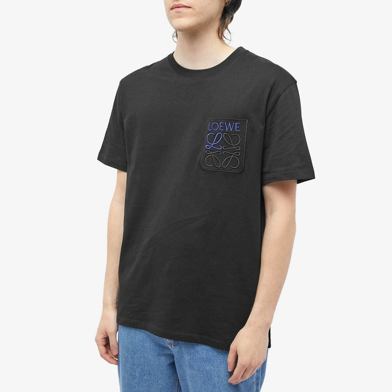 Black Loewe Anagram Pocket T-Shirt available at Hype Vault, featuring an embroidered Loewe logo and signature anagram on the chest pocket, crafted from premium cotton for a relaxed fit and luxurious minimalist style.