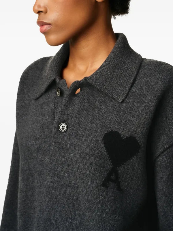 Ami Paris Ami De Coeur Wool Polo Shirt Grey