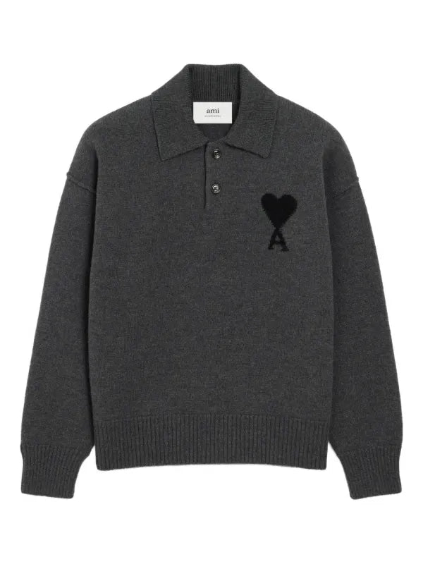 Ami Paris Ami De Coeur Wool Polo Shirt Grey