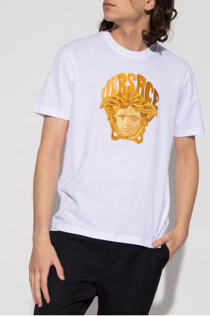 Versace T-Shirt Tessuto Jersey Cotone Con Ricamo Medusa E Scritta