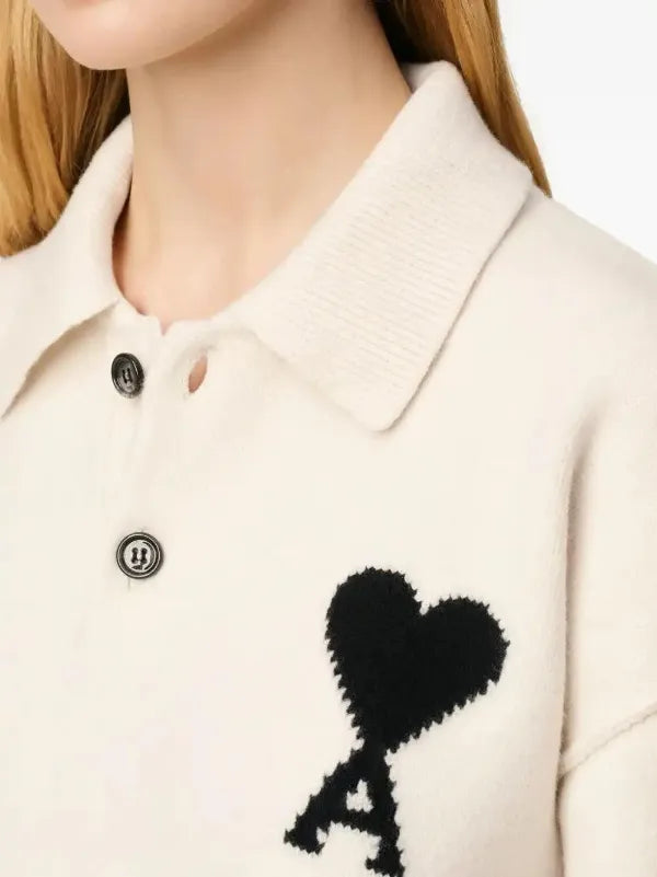 Ami Paris Ami De Coeur Wool Polo Shirt Off White