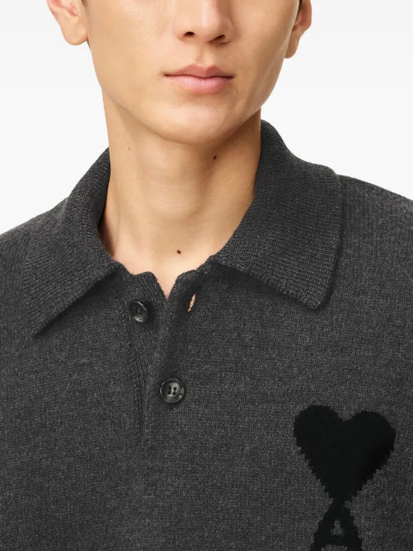 Ami Paris Ami De Coeur Wool Polo Shirt Grey