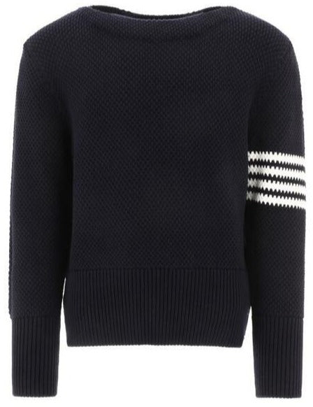 Thom Browne Navy Seed Stitch Cotton 4-Bar Boat Neck Pullover | Hype Vault Kuala Lumpur