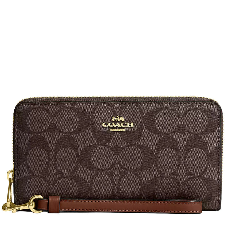 Coach Long Zip Around Wallet In Signature Canvas Brown/Redwood | Hype Vault