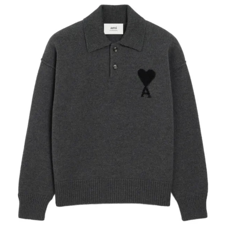 Ami Paris Ami De Coeur Wool Polo Shirt Grey
