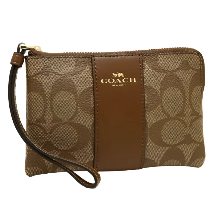 Coach Corner Zip Wristlet In Signature Canvas Khaki/Saddle | Hype Vault