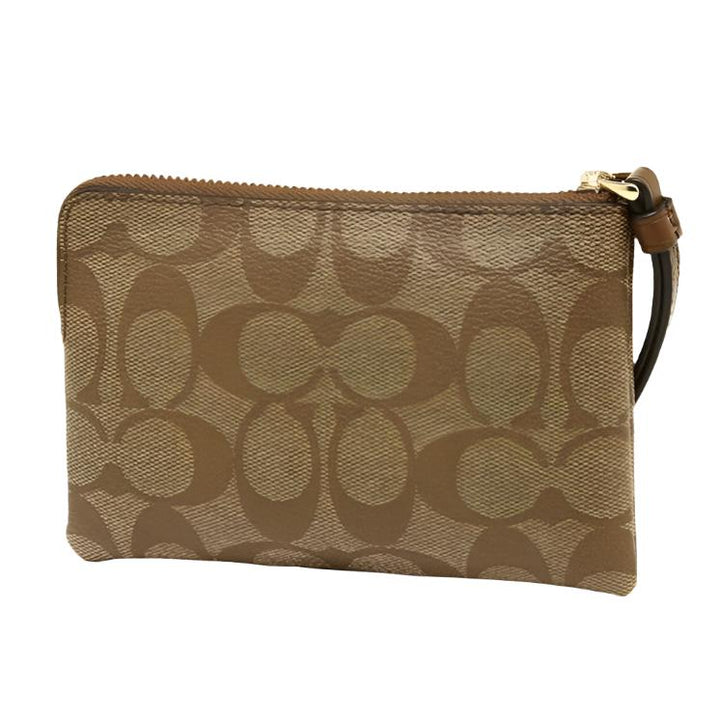 Coach Corner Zip Wristlet In Signature Canvas Khaki/Saddle | Hype Vault