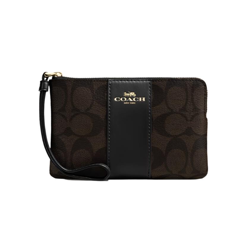 Coach Corner Zip Wristlet In Signature Canvas Brown/Black | Hype Vault