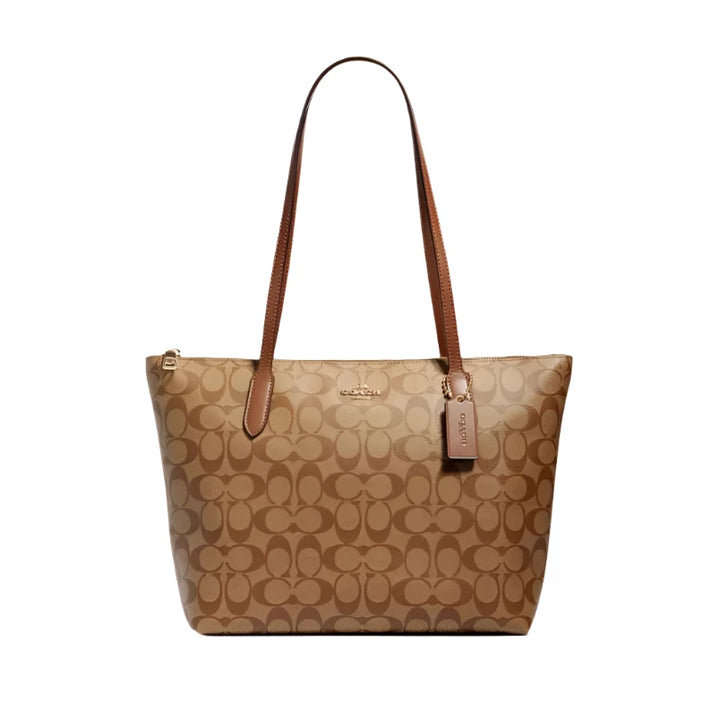 Coach Zip Top Tote Bag In Signature Canvas in Khaki/ Saddle | Hype Vault