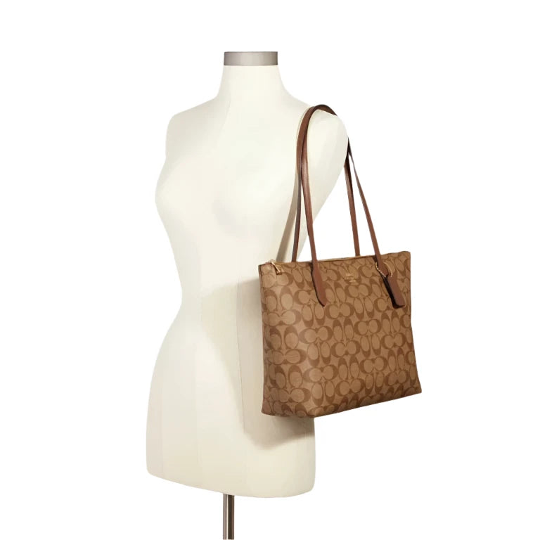 Coach Zip Top Tote Bag In Signature Canvas in Khaki/ Saddle | Hype Vault