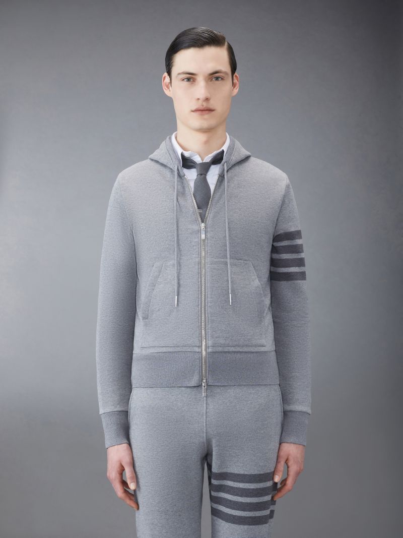 Thom Browne Medium Grey Cotton Loopback Relaxed Fit Tonal 4-Bar Zip-Up Hoodie | Hype Vault Kuala Lumpur