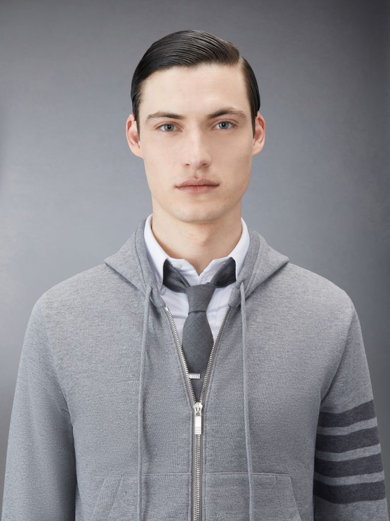 Thom Browne Medium Grey Cotton Loopback Relaxed Fit Tonal 4-Bar Zip-Up Hoodie | Hype Vault Kuala Lumpur