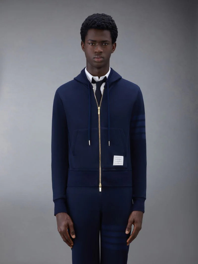 Thom Browne Navy Cotton Loopback Relaxed Fit Tonal 4-Bar Zip-Up Hoodie | Hype Vault Kuala Lumpur