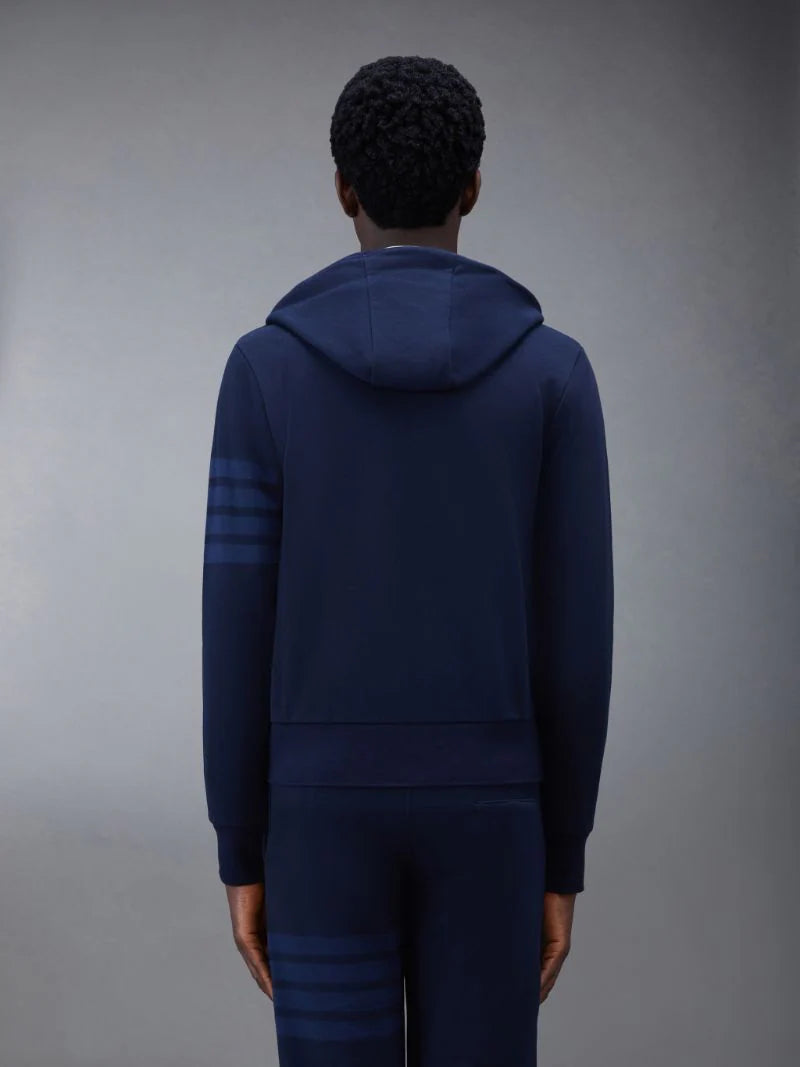 Thom Browne Navy Cotton Loopback Relaxed Fit Tonal 4-Bar Zip-Up Hoodie | Hype Vault Kuala Lumpur