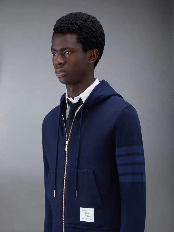 Thom Browne Navy Cotton Loopback Relaxed Fit Tonal 4-Bar Zip-Up Hoodie | Hype Vault Kuala Lumpur