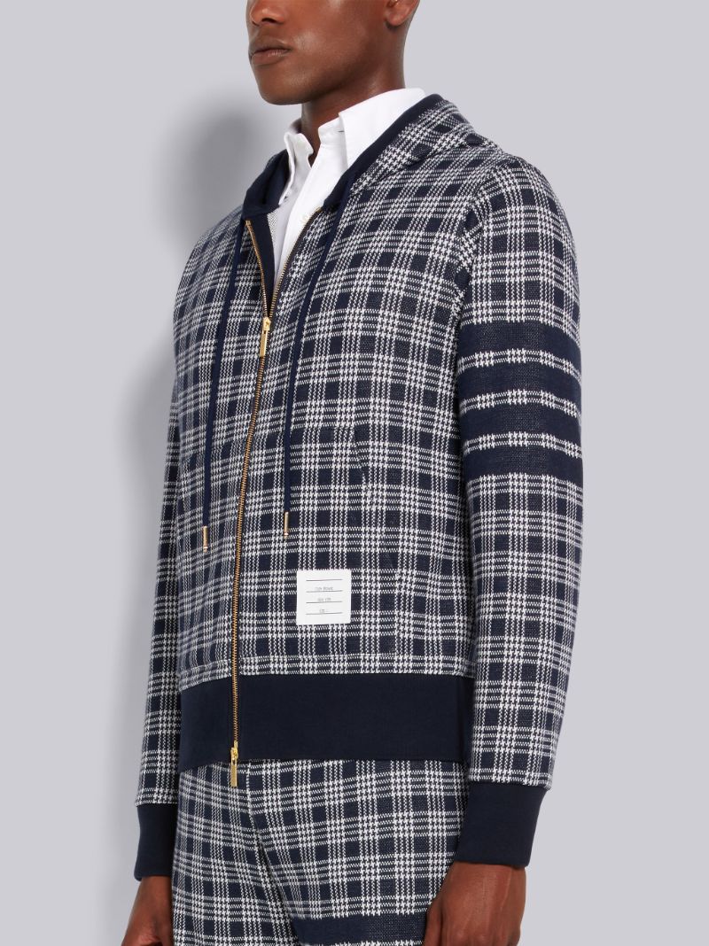 Thom Browne Navy Micro Check Jacquard 4-Bar Zip Up Hoodie | Hype Vault Kuala Lumpur