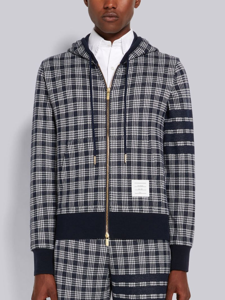 Thom Browne Navy Micro Check Jacquard 4-Bar Zip Up Hoodie | Hype Vault Kuala Lumpur