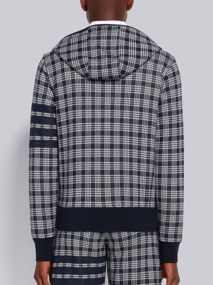 Thom Browne Navy Micro Check Jacquard 4-Bar Zip Up Hoodie | Hype Vault Kuala Lumpur