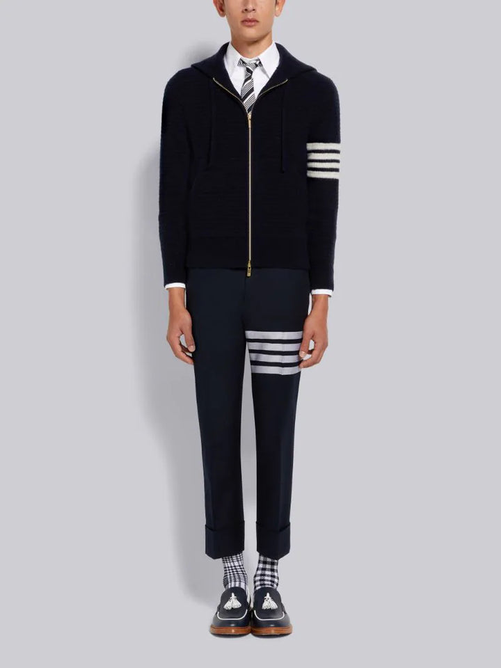 Thom Browne Navy Overwashed Cashmere 4-Bar Zip Up Hoodie | Hype Vault Kuala Lumpur