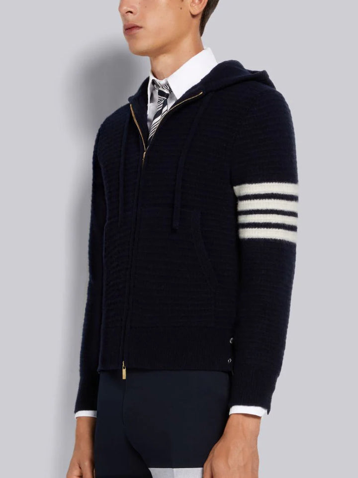 Thom Browne Navy Overwashed Cashmere 4-Bar Zip Up Hoodie | Hype Vault Kuala Lumpur