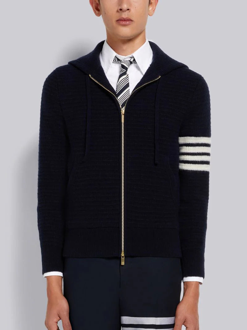 Thom Browne Navy Overwashed Cashmere 4-Bar Zip Up Hoodie | Hype Vault Kuala Lumpur