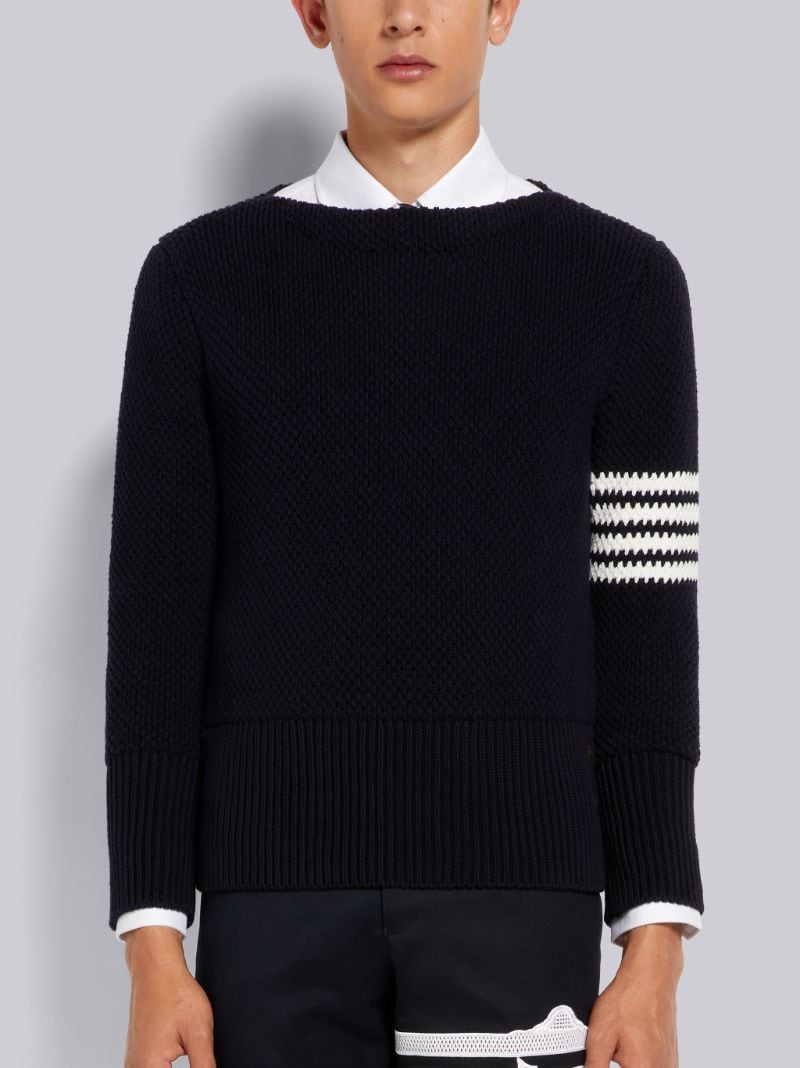 Thom Browne Navy Seed Stitch Cotton 4-Bar Boat Neck Pullover | Hype Vault Kuala Lumpur