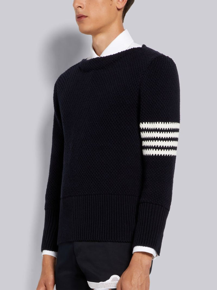 Thom Browne Navy Seed Stitch Cotton 4-Bar Boat Neck Pullover | Hype Vault Kuala Lumpur